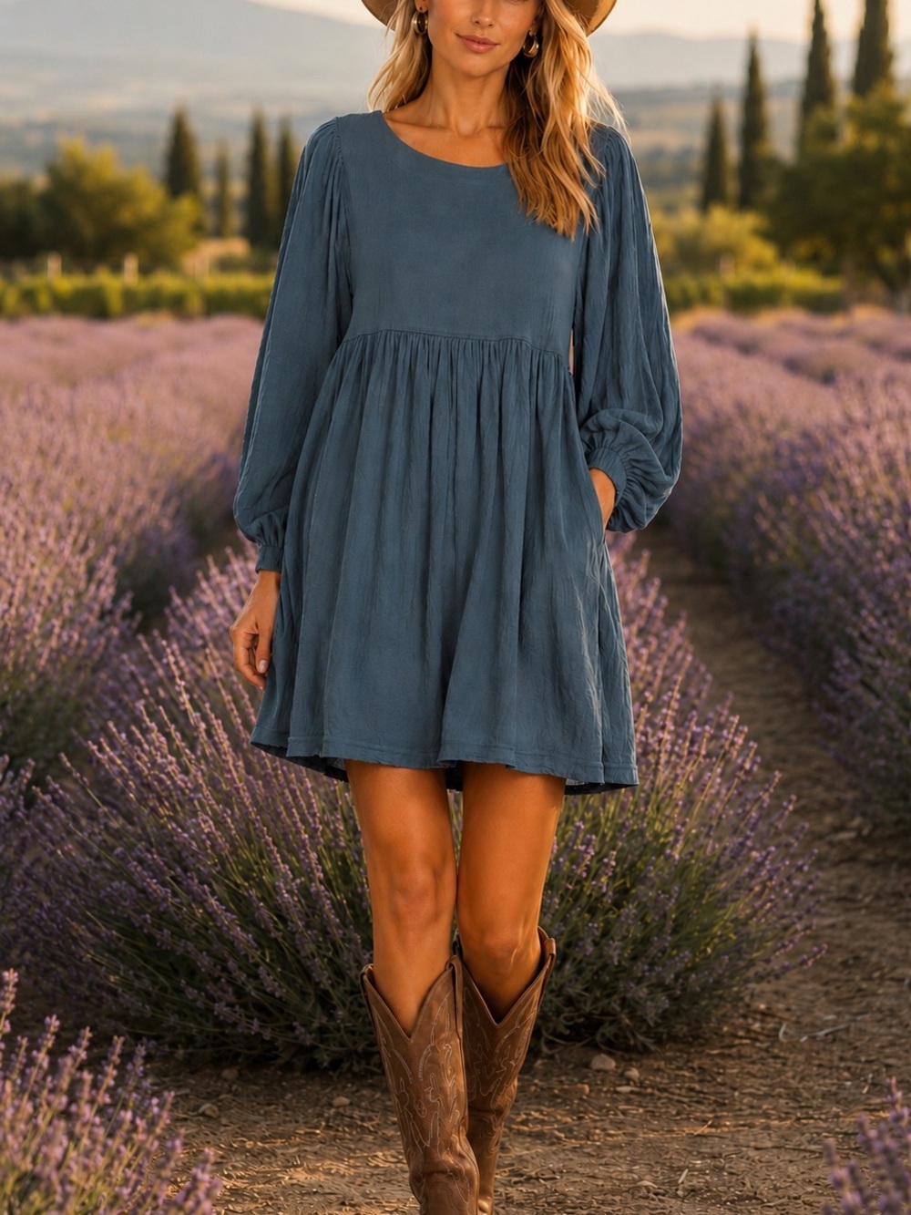 Free People Blue Long-Sleeve Babydoll Dress